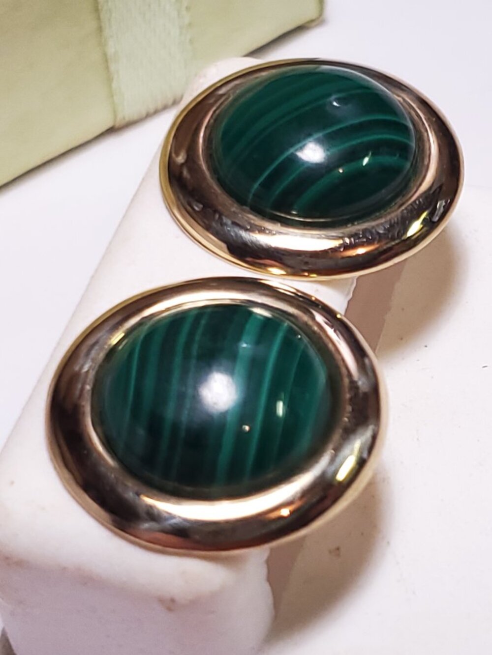 Estate 11mm Natural Rd Cab Malachite Bezel 10Kt YG framed RGF post Earrings24738